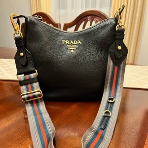 Prada Vitello Phenix Black Leather Web Stripe Strap Crossbody 1BC052